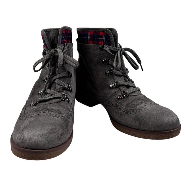 Tommy Hilfiger Twyazi Taupe Plaid Lace Up Combat Ankle Boots Women's Size 10 - Picture 1 of 9